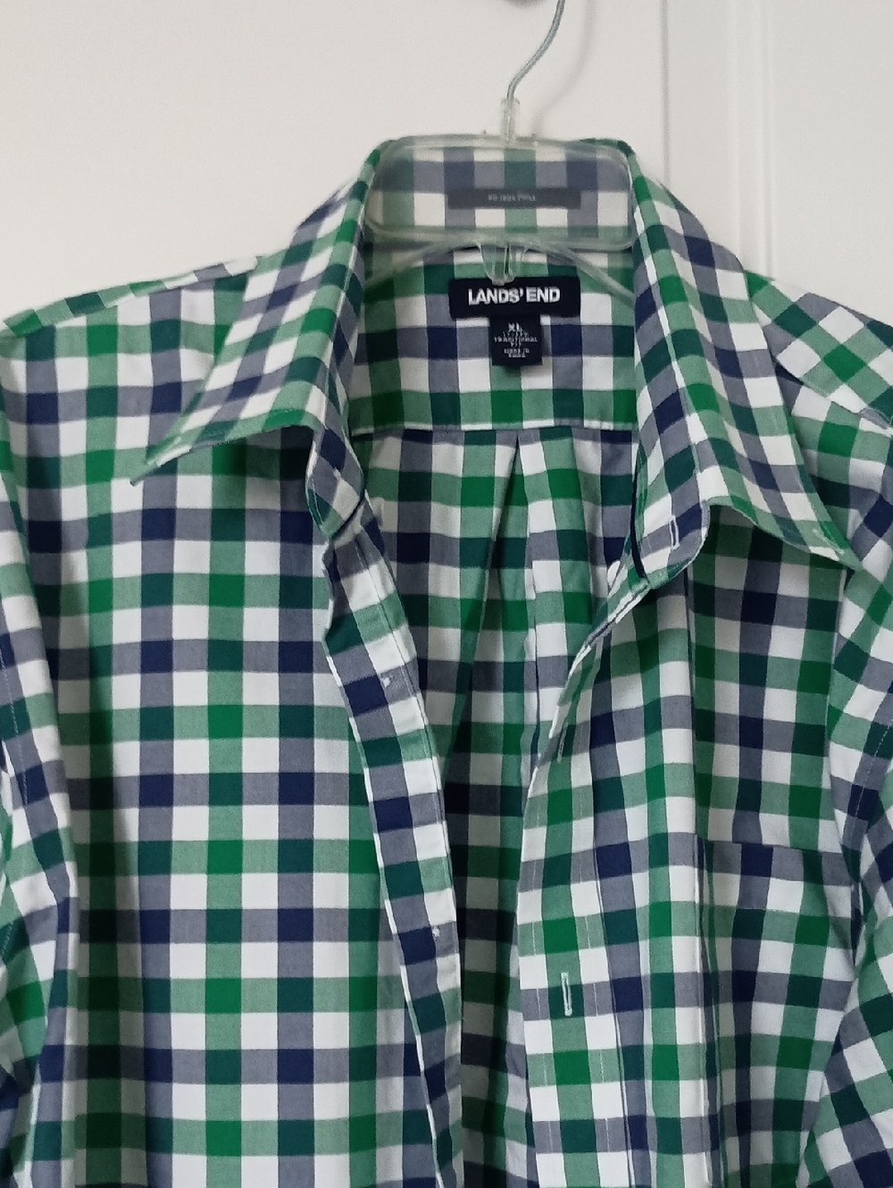 Lands' End Blue, Green & White Plaid Casual Button-Down Shirt
